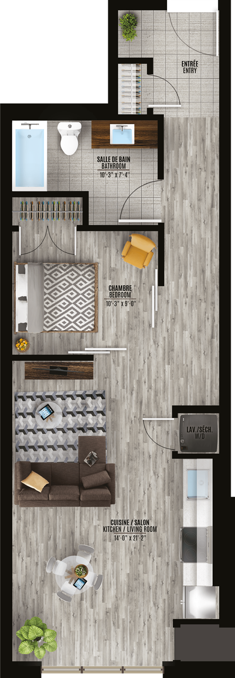 Floor plan for 1 bed, 1 bath, 698 sqft